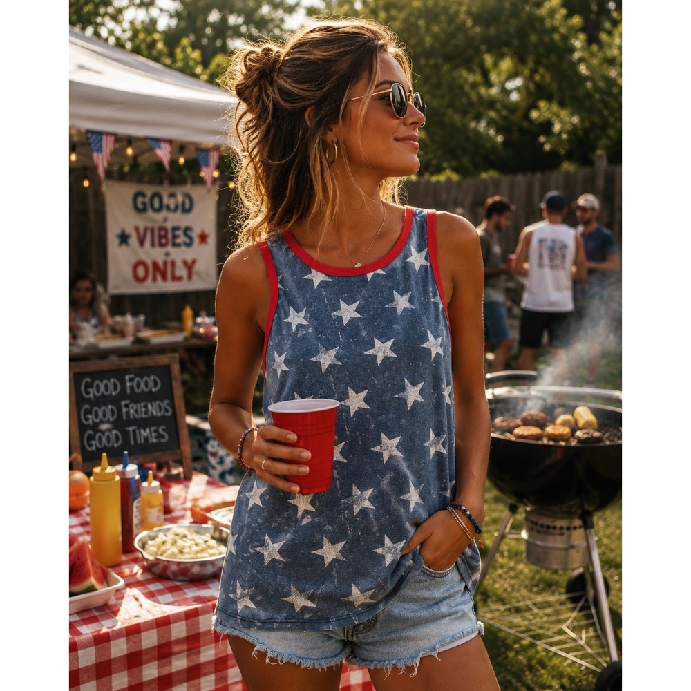 BIBI Patriotic Stars Tank Top Blue Red White Americana Fourth of July Summer L
